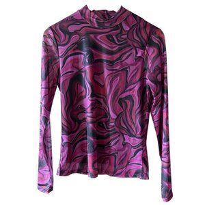 Suzy Shier Sheer Mock Neck Mod Psychedelic Red Pink Black Long Sleeves